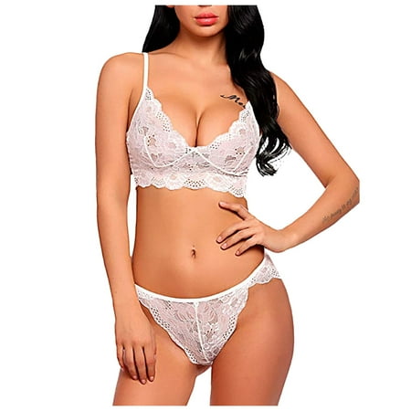 

BIZIZA Women Bra and Panties 2 Piece Babydoll Wireless Pajamas Set Sexy Lace Lingerie Sets V-Neck White M