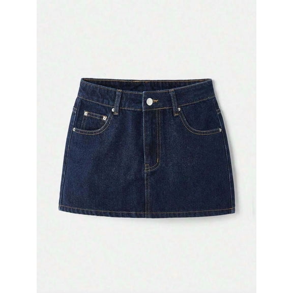 Womens Dark Wash Denim Mini Skirt, Y2K Style, A-Line Cut, Front Button Closure