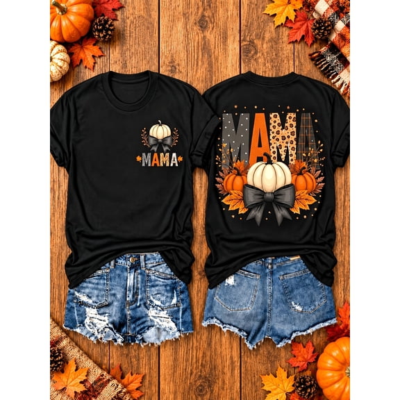 Womens T-Shirt MAMA Pumpkin Bow Floral Letter Vintage Fall Mom Graphic Graphic Crew Neck Short Sleeve