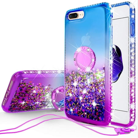 SOGA Rhinestone Liquid Floating Quicksand Cover Cute Phone Case Compatible for Apple iPhone 8 Case, iPhone 7 Case with Embedded Metal Diamond Ring for Magnetic Car Mounts and Lanyard - Blue on Purple