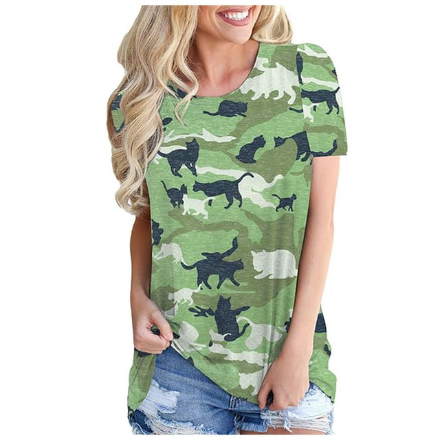 Shorts Camouflage pour Femmes, Imprimé Camouflage, Col Rond, Manches Courtes, Hauts de Loisirs, Hauts à Manches Courtes pour Femmes