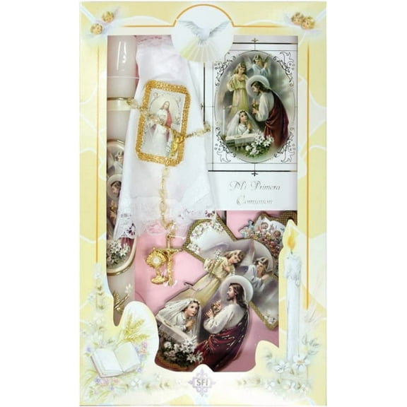 New Girls First Holy Communion Complete Candle Gift 6 Pc Set Cross Keepsake in Spanish Rosary Boxed Espanol Juego de Vela
