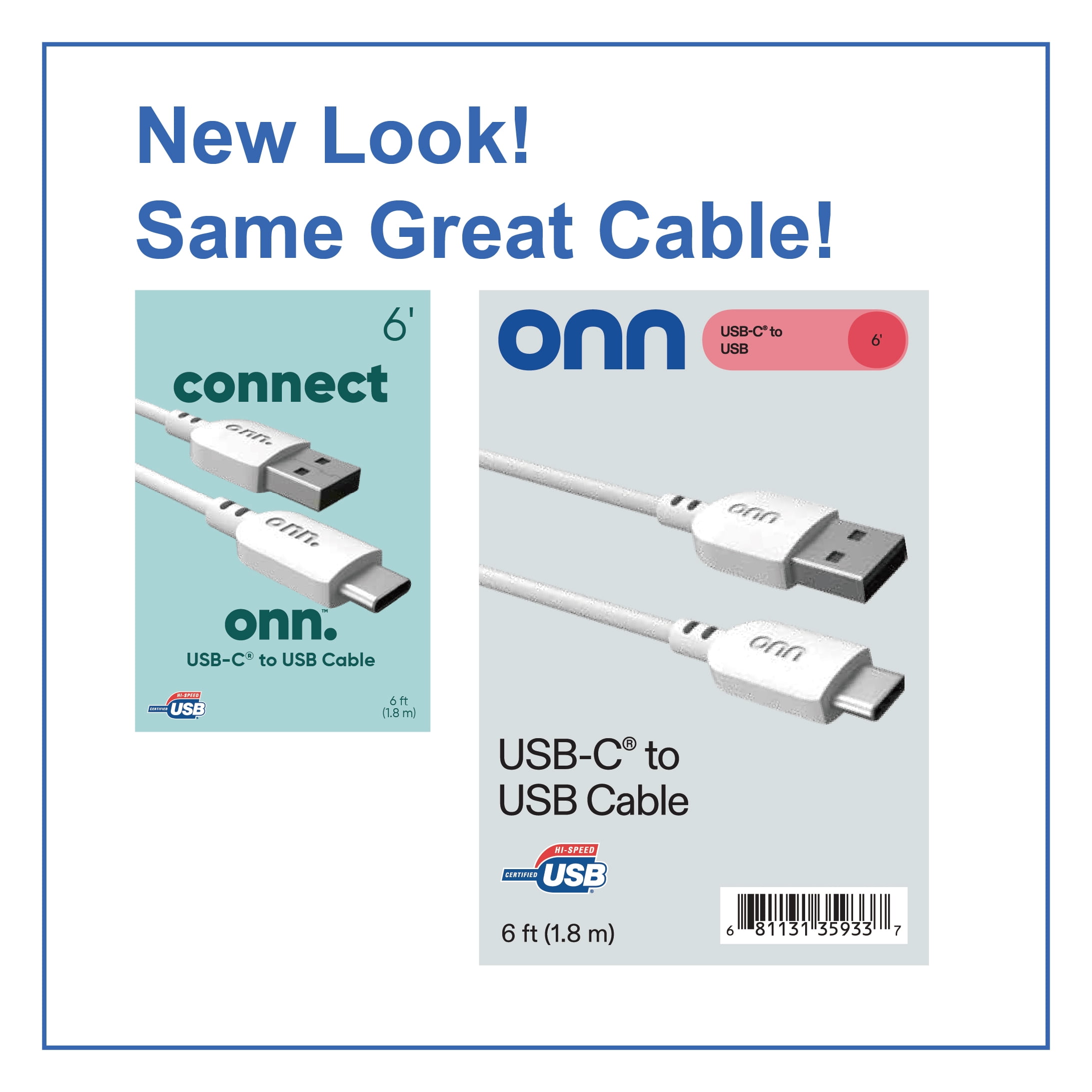 onn USB-C to USB-A Charging Cable, 6 ft, USB-IF Certified, for iPhone 15/16/17 and Galaxy Devices, White