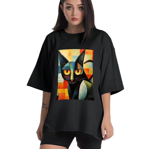 Plus Size Shirt for Women Black Tops for Women Short Sleeves Shirt for Women Cubist Style Cat T Shirt Crewneck Shirt for Women XS