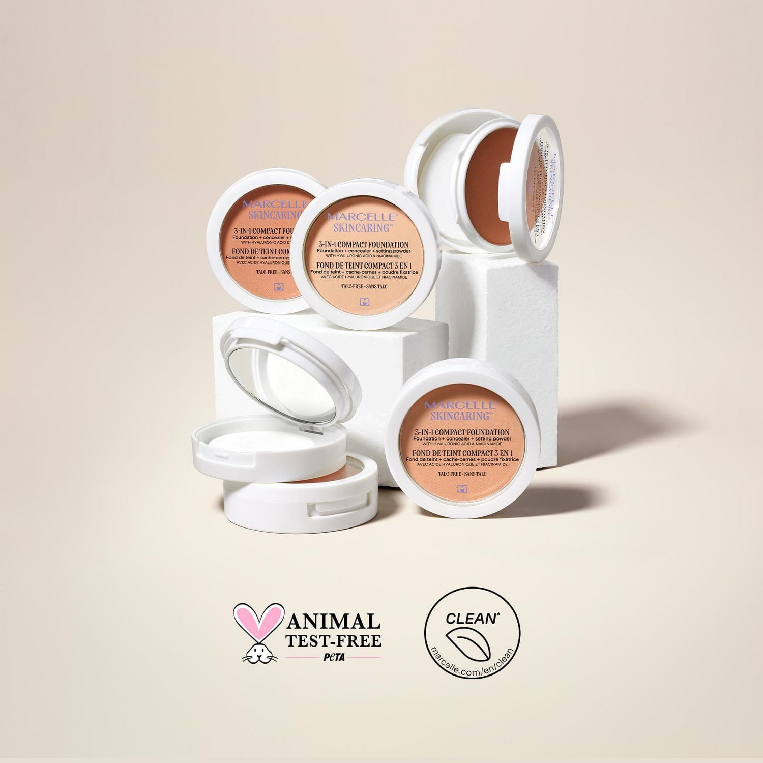 Marcelle Skincaring 3-in-1 Compact Foundation + Concealer + Setting Powder with Hyaluronic Acid, Buildable coverage, 8.5 g