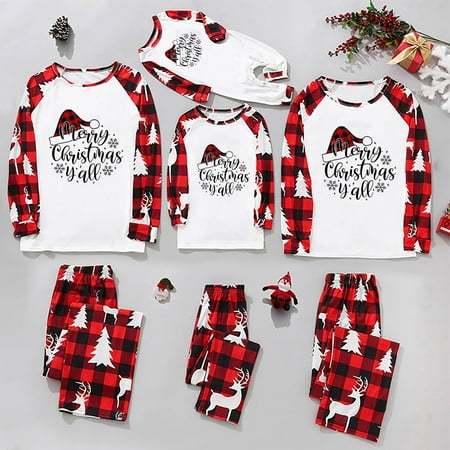 

ZCFZJW Savings Matching Christmas Jammies Merry Christmas with Funny Plaid Santa Hat Print Long Sleeve Tee Shirts Tops and Pants Two Piece Soft Parent-child Homewear Suit(Baby-12M)