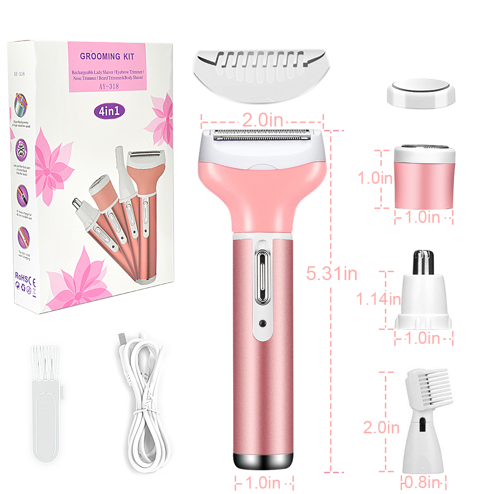 4 in 1 Women Electric Shaver Rechargeable Waterproof Razor Painless Epilator Body Hair Remover Nose Hair Beard Bikini Trimmer Eyebrow Face Facial Armpit Legs Removal Clipper Lady Grooming Groomer Kit - image 8 of 10