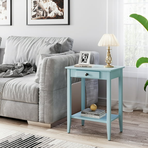 End Table with Drawer Narrow Bedside Tables with 2-Tier Storage Shelves Blue Side Table Versatile Night Stand for Living Room, Bedroom,Sofa Couch,Easy Assembly