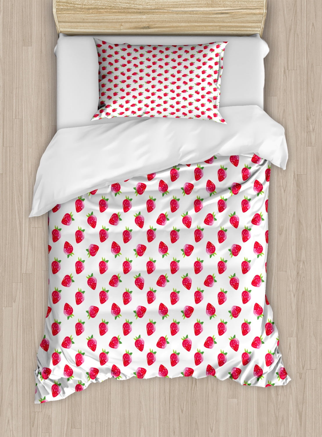 Strawberry Duvet Cover Set, HandPainted Juicy Tasty Fruits Organic