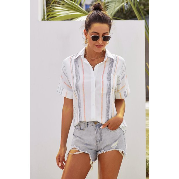 ABPHQTO Camisa abotonada con manga enrollada y rayas con cuello en V naranja para mujer