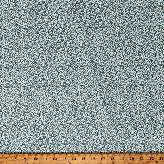 Cotton Blue Calico Flowers on White Tiny Small Scale Floral Cotton Fabric Print by the Yard (131434)