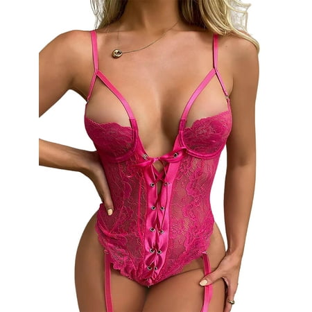 

Julycc Womens Lace Bustier Tummy Control Shapewear Bodysuit Babydoll Nightwear Suspender Lingerie Underwear