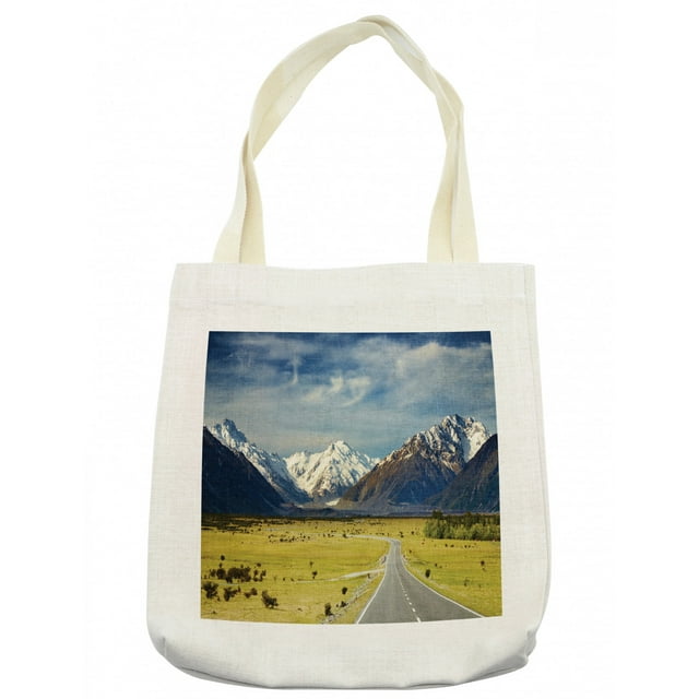 Mountain Tote Bag, Landscape with Road and Snow Capped Mountains Southern Alps New Zealand, Cloth Linen Reusable Bag for Shopping Books Beach and More, 16.5" X 14", Cream, by Ambesonne