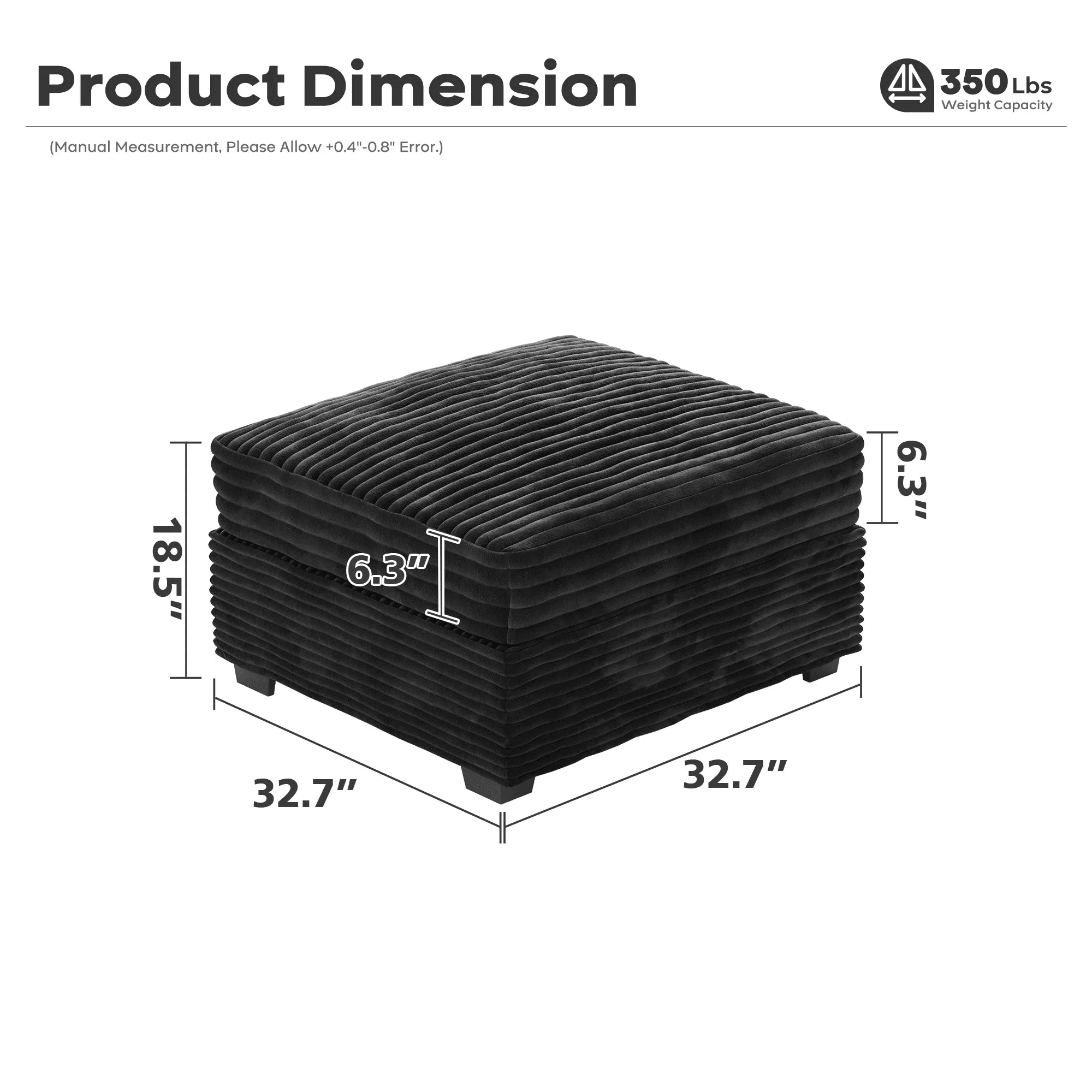Vcatnet Ottoman for Modular Sectional Sofa Cloud Couch Corduroy L Shaped Oversized Modern Minimalist Couch with Deep Seat for Living Room, Black