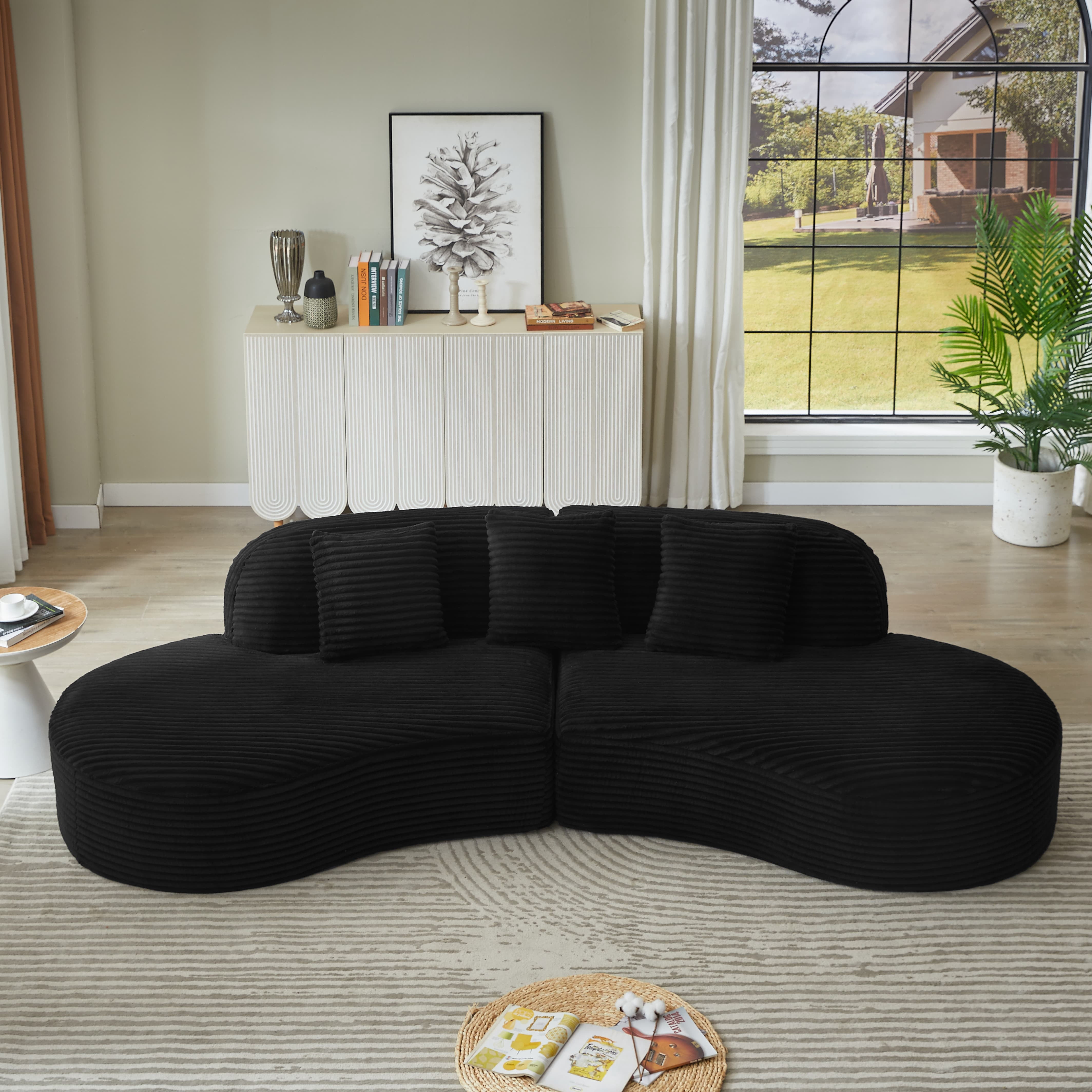 MAYEERTY Compressible Corduroy Curved Sectional Sofa with Scatter Cushions, Oversized for Living Room, 123*53*26"Black
