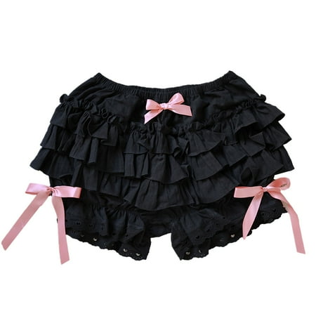 Sinleey Women s Lace Trim Ruffle Bloomers with Bowknot Girls Lolita Maid Shorts Panties Solid Color Black S
