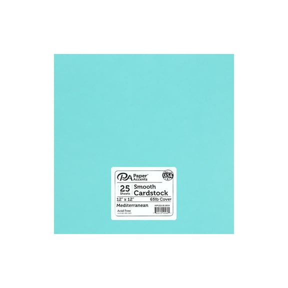 PA Paper Accents Smooth Cardstock 12" x 12" Mediterranean, 65lb colored cardstock paper for card making, scrapbooking, printing, quilling and crafts, 25 piece pack