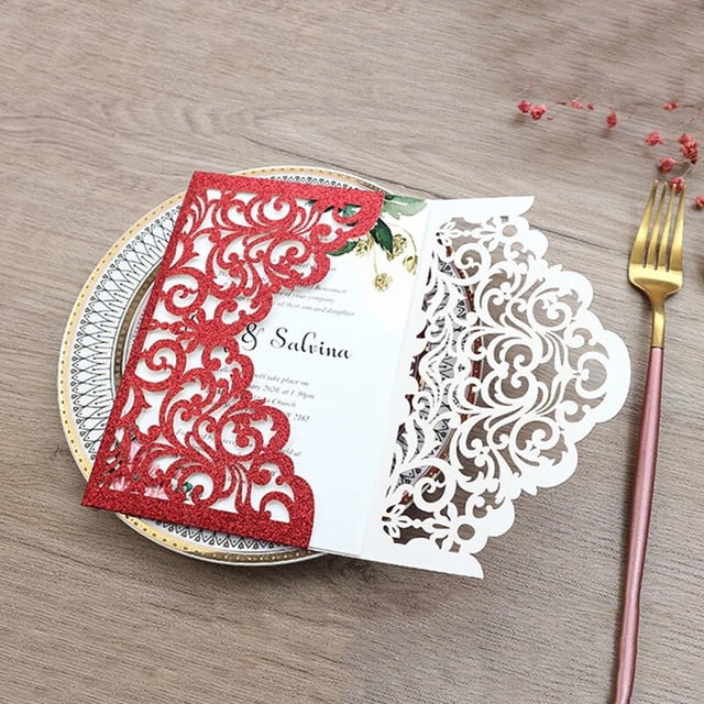 Pockert-tarjeta de invitación de papel brillante, tarjeta de felicitación de boda cortada con láser, con sobre para bautismo, fiesta de cumpleaños, 50 piezas