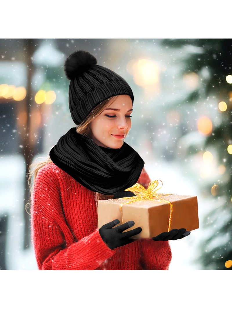 Women\'s Winter Beanie Hat Scarf Set Thermal Fleece Lined Beanie with Pom Pom Pom Hat Lined With Fleece Mittens Infinity Scarf Set  main image 4