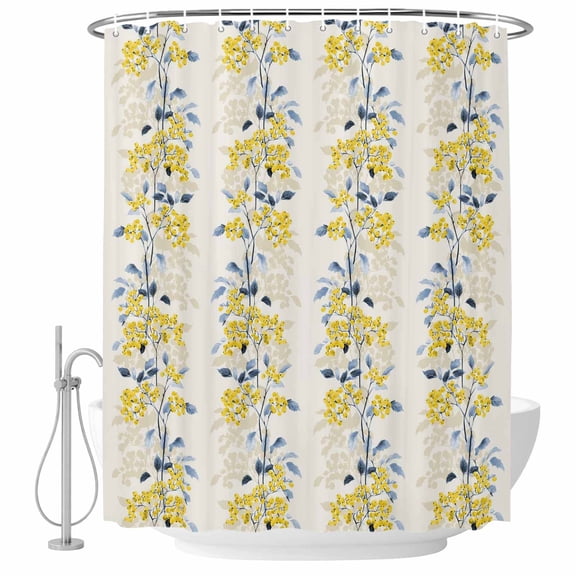 Yellow Blue Floral Fabric Shower Curtain Vintage Botanical Pattern Washable Shower Curtains for Bathroom, Waterproof Bath Curtain with Hooks Home Decor 72x84in