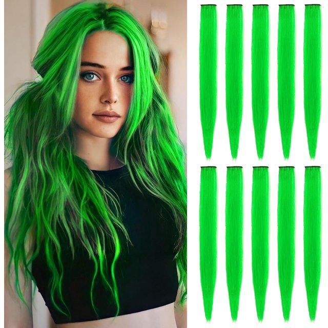 LAICAIW Rallonges de Cheveux Colorées de 22 Pouces, Postiche Lisse, Mèches de Fête Multicolores à Clipser, Rallonges de Cheveux Synthétiques (10 Pcs Vert)