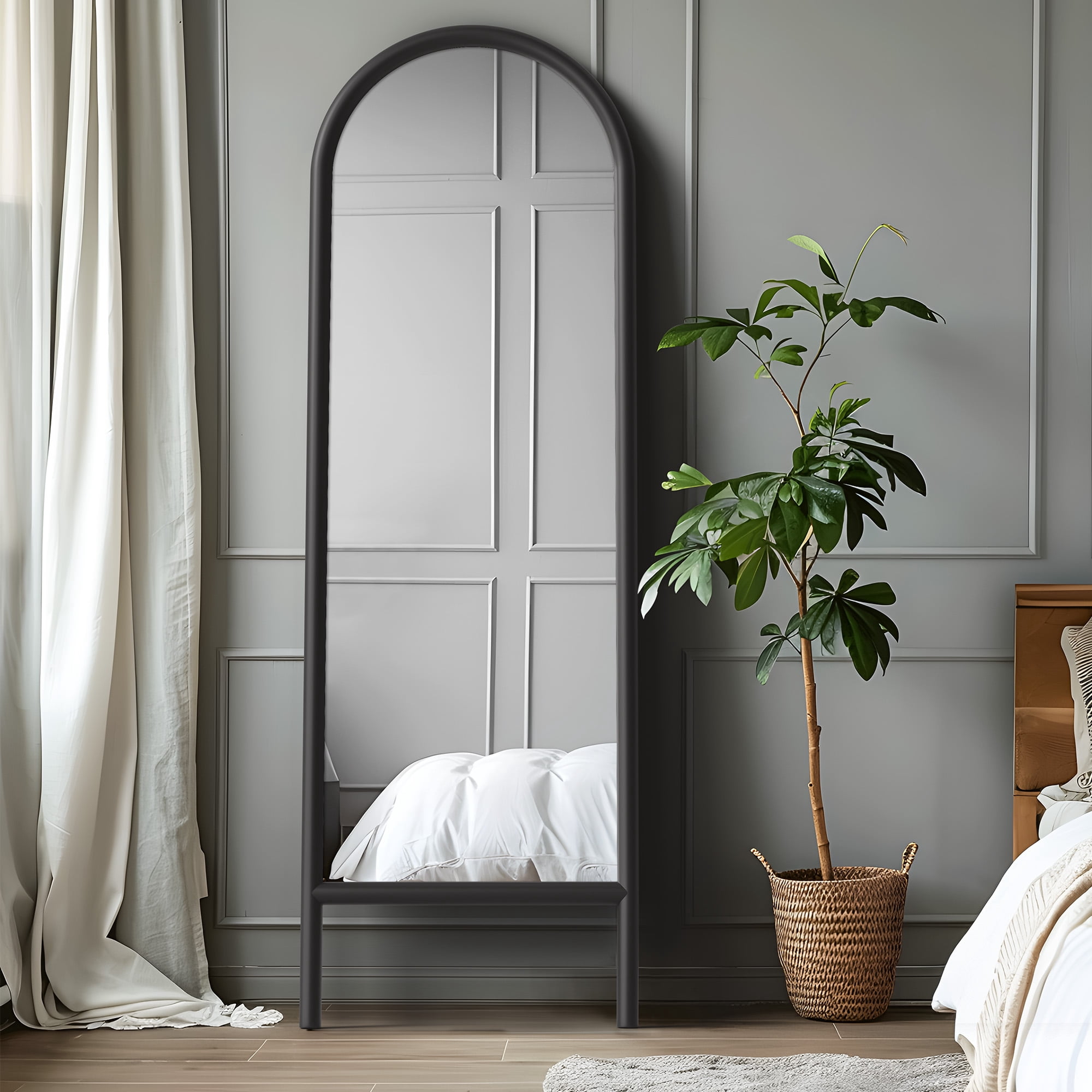 64"x21" Wood Ladder Arched Floor Mirror Full Length Mirror,Black