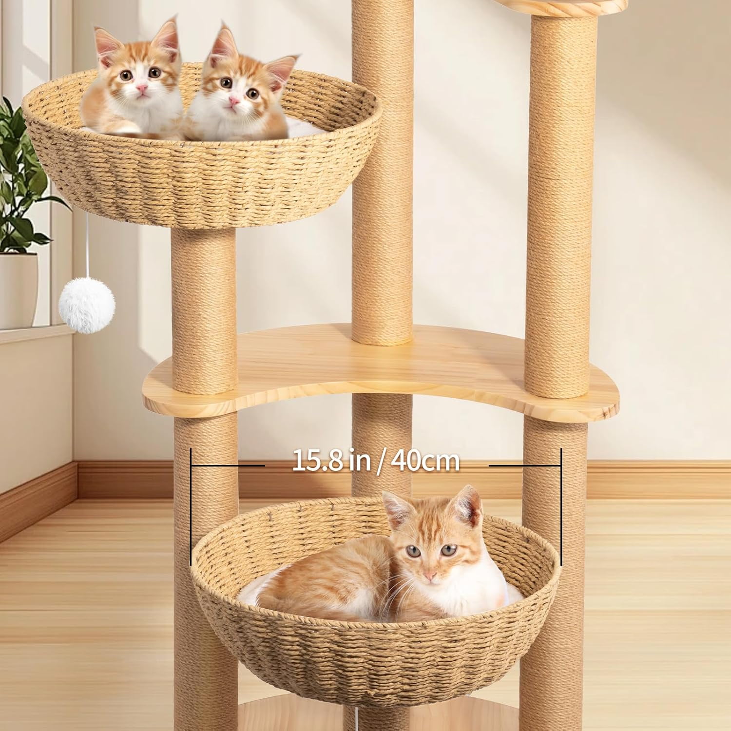 SHZOND Multi-Level Cat Tree Tower, 52" Oak Wood Cat Tree for Large Cats with 3 Weaving Cat Nests, Morden Cat Condo with 8 Scratching Posts for Indoor Cats, Cats Furniture Activity Center