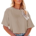 thumbnail image 2 of Trendfront Womens Summer Crew Neck Elbow Sleeve Tops Cropped Length Solid Color Tees Plain Casual Everyday Style Wear T-Shirts, 2 of 6