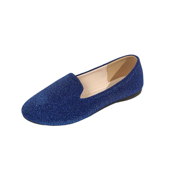 KIJBLAE Women's Solid Glitter Round Toe Moccasin Flats, Low Cut Slip On Comfortable Casual Flat Shoes Blue 39