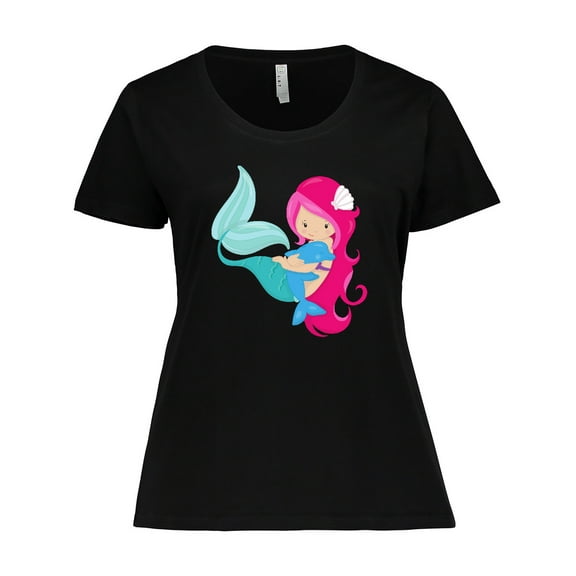 Inktastic Cute Mermaid, Little Mermaid, Pink Hair, Dolphin Women's Plus Size T-Shirt