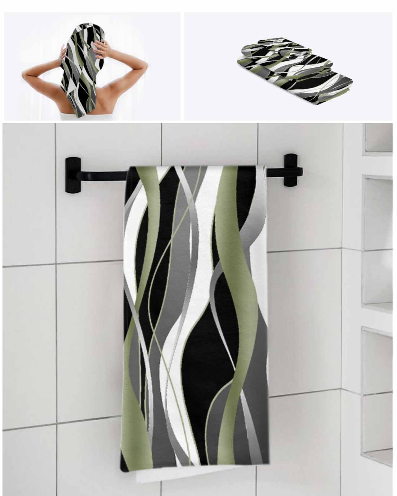 Sage Green Stripe Bath Towels for Bathroom Set,Luxury Microfiber Towels Gifts for Women,Beach Kitchen Hand Hair Face Towel and Dish Washcloth,Grey White Geometric Modern Abstract Towels+Set