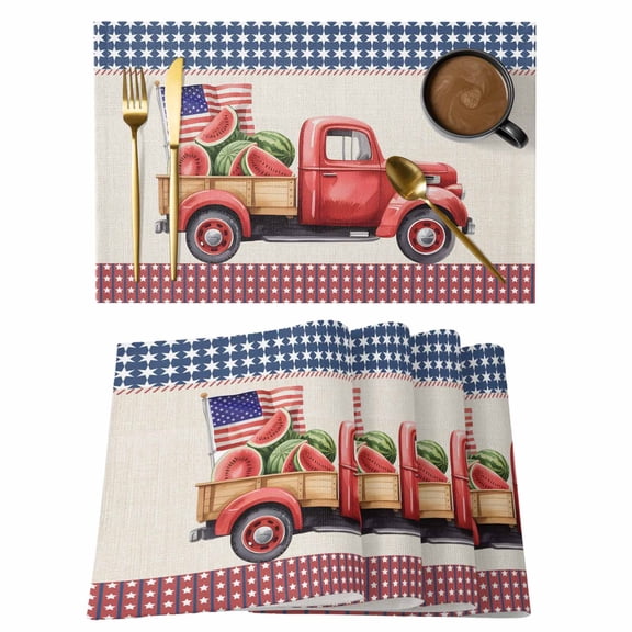Placemats 1 Pack, 4th of July Woven Placemat, Linen Place Mats for Kitchen/Dining Tables, Red Truck Watermelon Patriotic Star USA Flag Washable Table Mats for Party