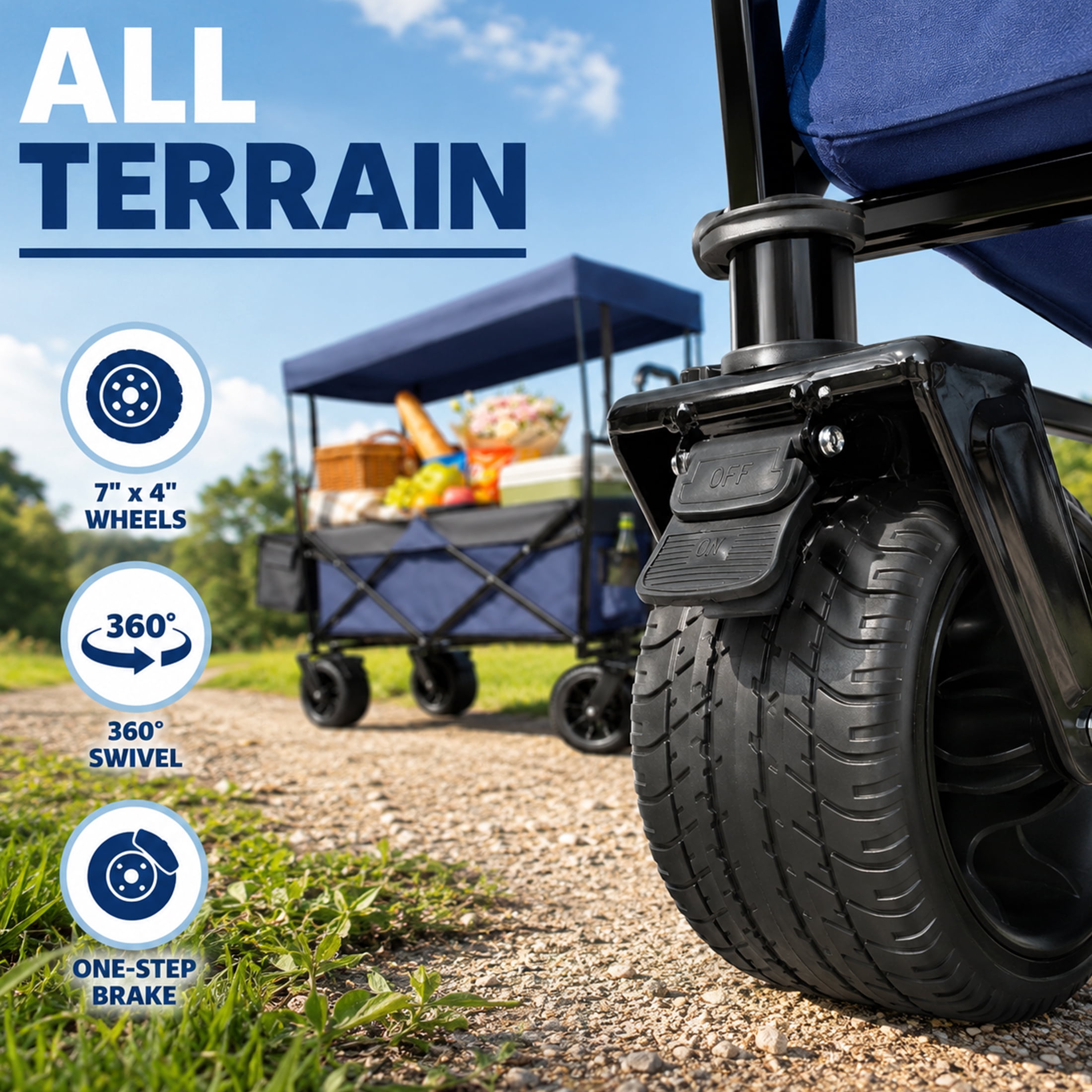 480 lbs Collapsible Wagon with Canopy & Mosquito Net, Heavy Duty Folding Wagon Stroller with 7"x4" All-Terrain Wheels, Cup Holders for Camping, Shopping, Dark Blue
