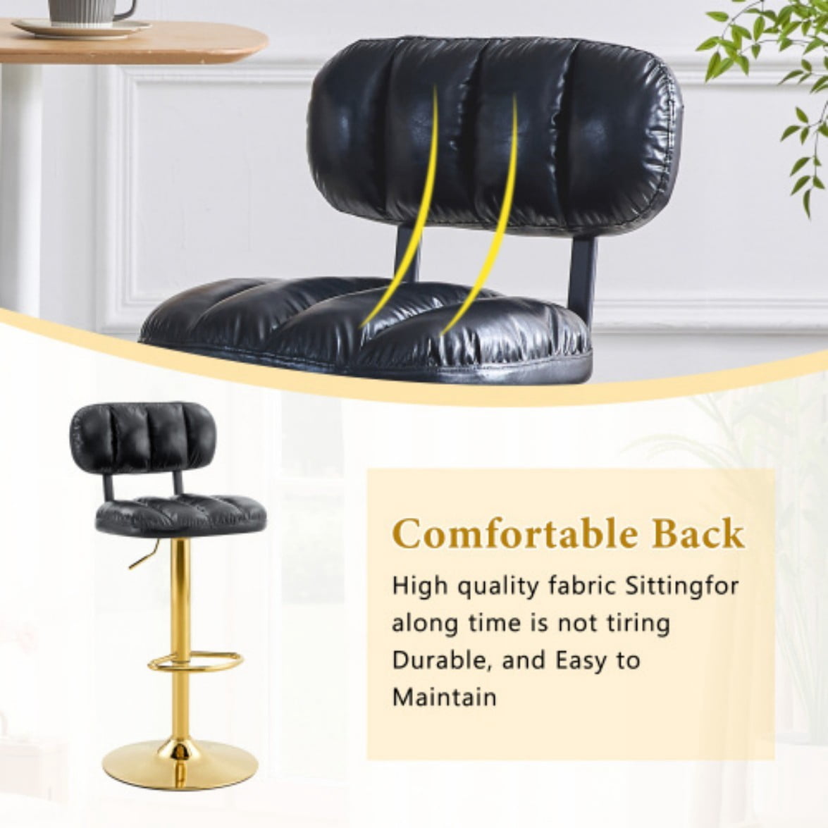 Set of 2 Modern Adjustable Bar Stools, PU Leather Counter Height Chairs with Metal Base & Footrest for Kitchen Island & Home Bar, Black & Gold