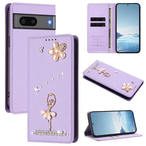 Decase for Google Pixel 7 Wallet Case,Premium PU Leather Flip Cover with Card Slot,Rhinestone Dancing Girl Pattern Cover,Shockproof Solid Color Case,Purple