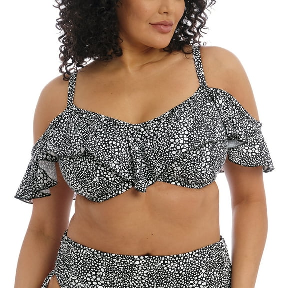 Elomi Pebble Cove Bardot Ruffle Underwire Bikini Top (ES801106),42F,Black