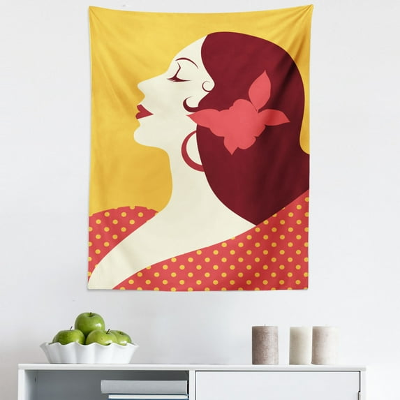 Spanish Tapestry, Flamenco Woman in Retro Polka Dot Dress with Flower in Her Hair Rhythm Dancer, Fabric Wall Hanging Decor for Bedroom Living Room Dorm, 5 Sizes, Earth Yellow Red, by Ambesonne
