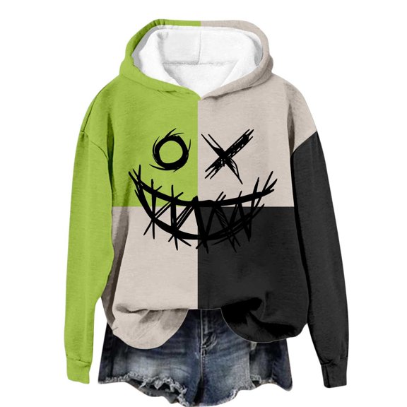 Womens Halloween Hoodies Patchwork Pumpkin Graphic No Pocket Sweatshirt Long Sleeve Pullover Tops Fall Winter Warm Green L