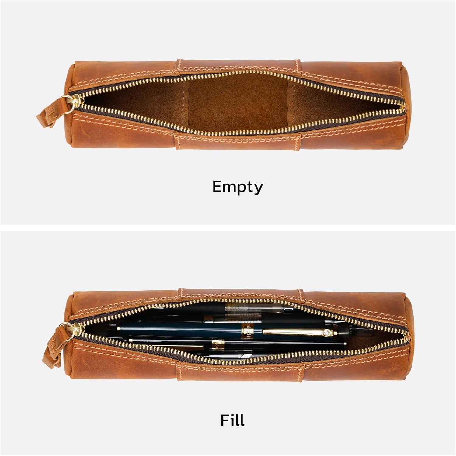 ABPETE Genuine Leather Pencil Case, Full-Grain Cowhide Leather Pouch, Small Pencil Pouch for Men, Vintage Pen Bag for Adults, Stationery Organizer Case for Work & Travel-Cylinder-Brown