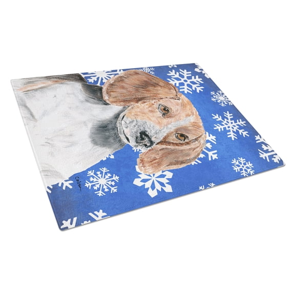 Caroline's Treasures SC9607LCB English Foxhound Winter Snowflakes Glass Cutting Board Large, 12H x 16W, multicolor