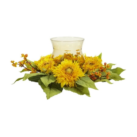 Nearly Natural Golden Sunflower Candelabrum Artificial Flower Arrangement Nearly Natural Golden Sunflower Candelabrum Silk Flower Arrangement - Yellow The sunflower is an especially bright flower  which makes it the perfect companion to the delicate flame of a candle. This brilliant offering consists of a beautiful glass candleholder  surrounded by the bright yellows and greens of natures  sunniest  flower. For added effect  experiment with different colored candles (might we suggest red to start). Height: 7.5    Width: 17    Depth: 17  . Category: Silk Arrangement. Vase: W: 4.5 in  H: 4  . Color: Yellow. Brand: Nearly Natural Model Number: 1368-4905Shipping Details