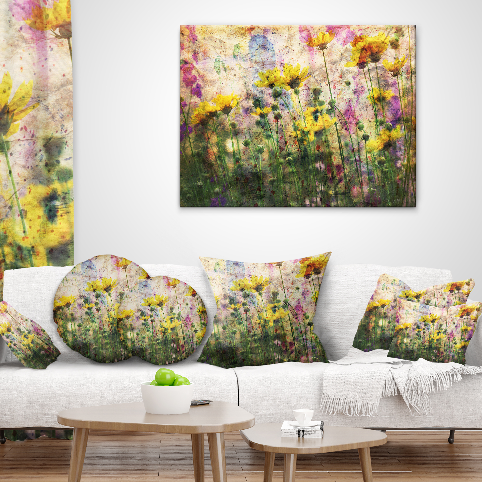 Designart Coreopsis Flowers and Paint Splashes - Flower Throw Pillow - 12x20