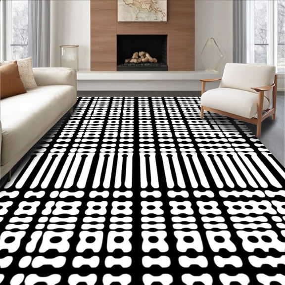 ODIKA 4'x6' Machine Washable Non-Slip Area Rug, Classic Monochrome Parallel Bands Decorative High Traffic Rug, Black, 611986