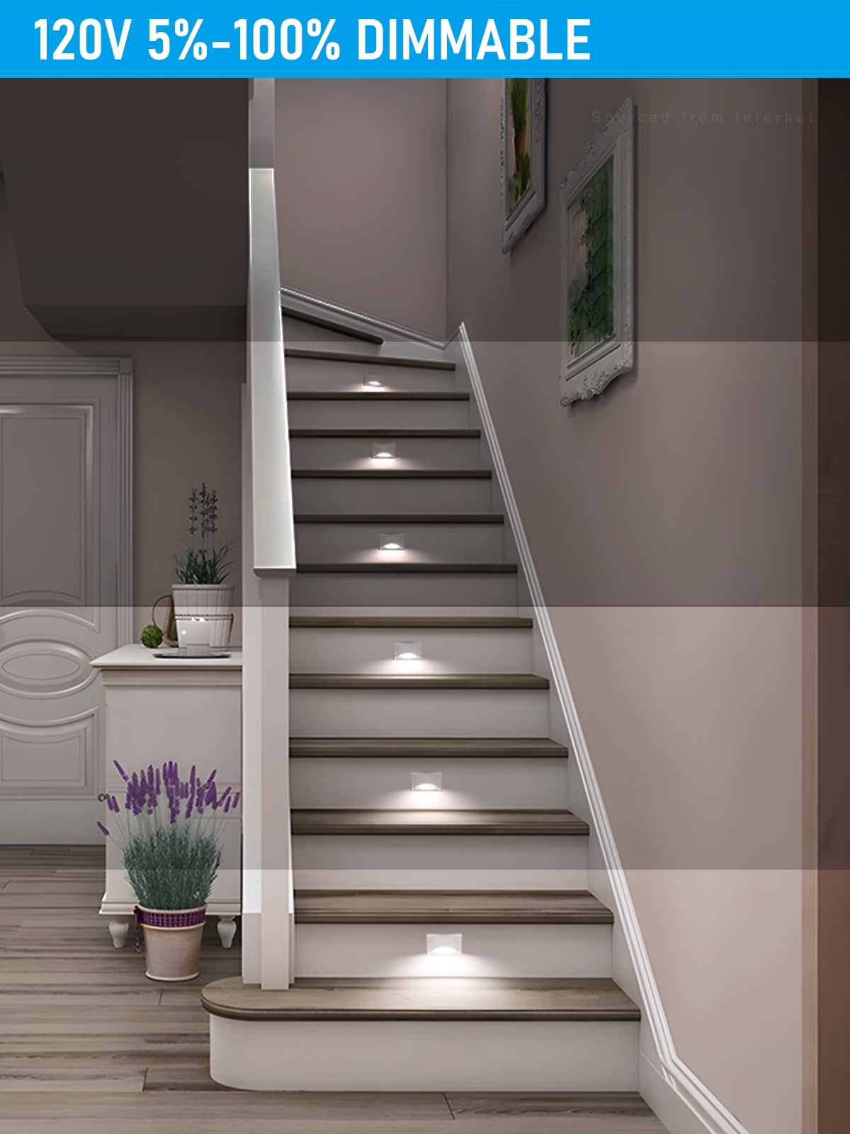 9 Pack 5CCT 120V LED Step Lights, Dimmable Stair Lights IP65 Waterproof, Aluminum Shell, Anti-Glare, CRI90, White