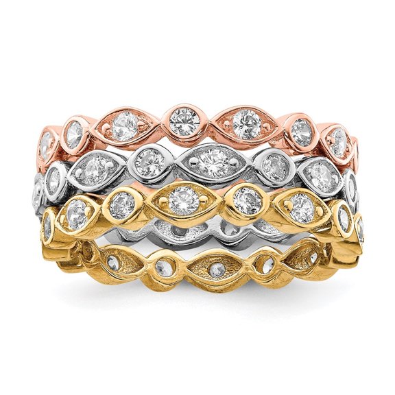 Diamond2Deal 925 Sterling Silver Vermeil Trio Cubic Zirconia Engagement Ring Size 6 for Women