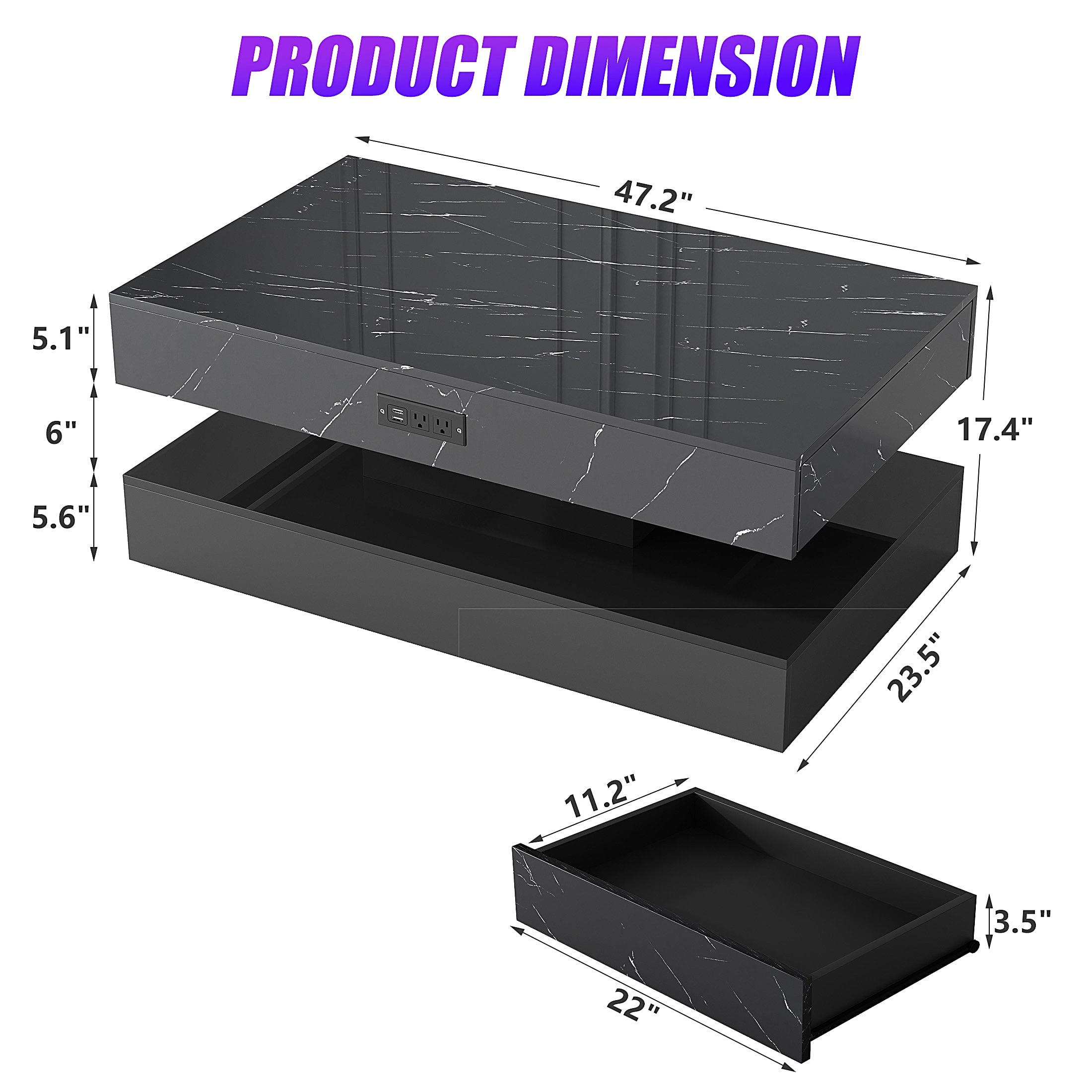 PAPROOS LED Black Coffee Table with 2 Drawers & Open Shelf – Large Modern High Gloss Center Table with Storage, Large Rectangle Living Room Coffee Table with Marble Print