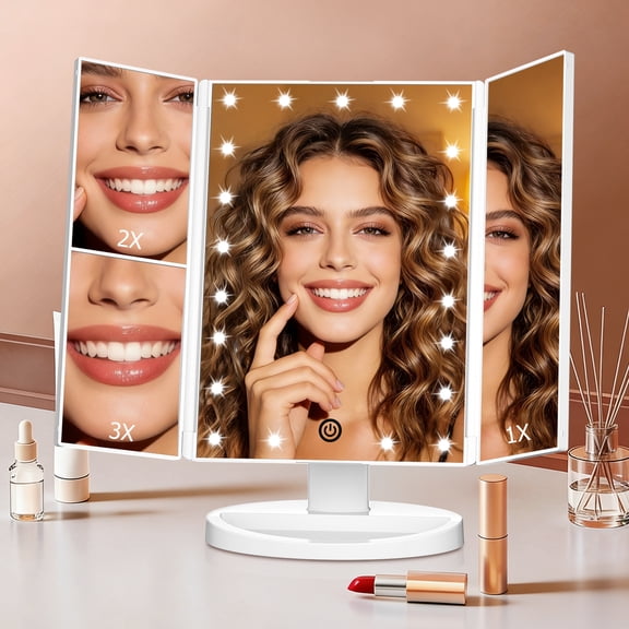 Funtouch Tri-Fold Makeup Mirror with Lights, 2X/3X Magnifying Makeup Mirror, Touch Control Vanity Mirror, USB/Battery Powered Table Mirrors
