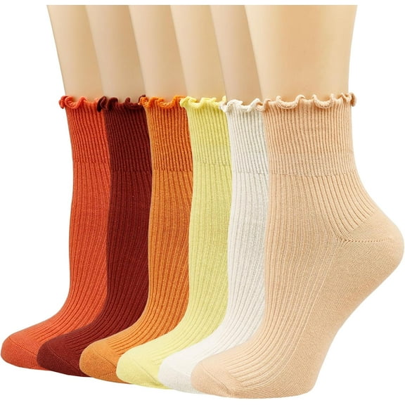 Zhengup Womens Crew Socks Ruffle Cotton Cute Frilly Trim Breathable Ankle Socks 6 Pack