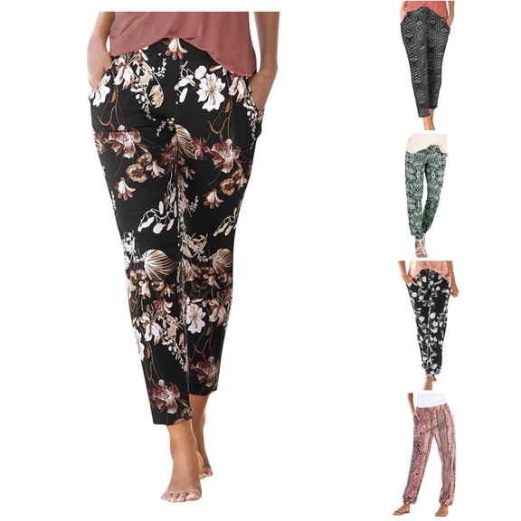 SONXAHE Floral Print Capri Pants for Women Side Pocket Relaxed Fit Summer Daily Trousers