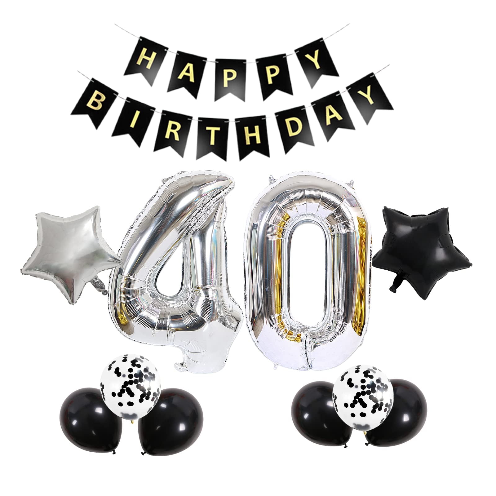 Silver & Black 1st Birthday Decorations for Baby 40 Number Balloon, Banner,  Foil Curtains, Balloons, Pom Poms 1st Party Supplies 